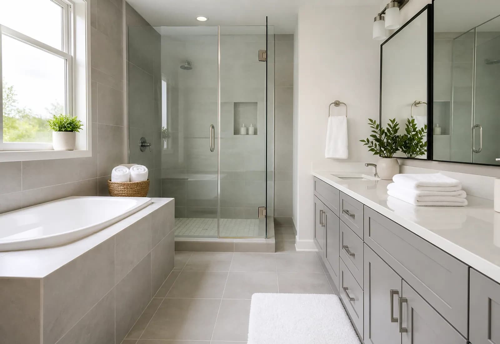 Freshly sanitised modern bathroom with neatly folded towels.