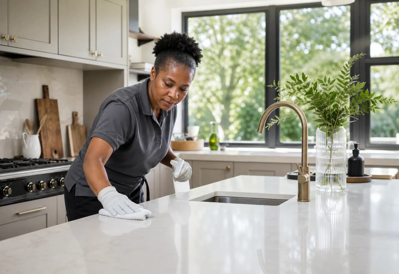 Professional cleaner carefully detailing a worktop in a bright modern kitchen.
